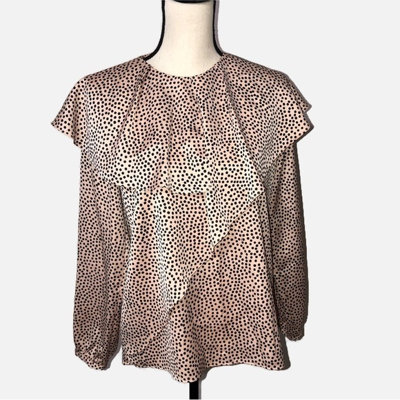 Zara Basic Asymmetric Ruffle Blouse Size M Long Sleeve Polka Dot Pink Black - Picture 2 of 10